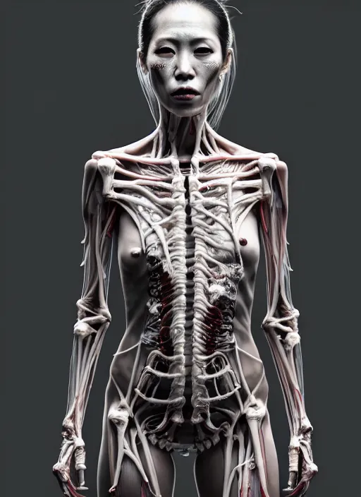 Image similar to 3 / 4 portrait, geisha girl with transparent skin, visible muscle and bones and veins and nerves, david cronenberg, hyperrealism, detailed textures, photorealistic 3 d cyberpunk apocalyptic city, futuristic clothing and helmet, ultra realistic, cinematic, intricate, cinematic light, unreal engine 8 k, octane render, unreal engine by david kostic and stanley lau and artgerm