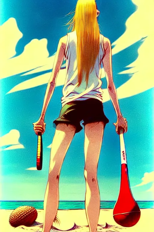 Image similar to Gediminas Pranckevicius, a gorgeous hulking beast of a woman with very long hip-length blonde hair, happy sunny day, wearing a cut-off white top and red rugged cut-off shorts standing by the water, beach tennis, in the style of artgerm and moebius and annie liebovitz, marvel comics, photorealistic, highly detailed, trending on artstation