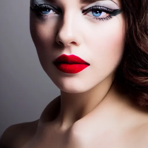 Image similar to perfect beauty itself. beautiful eyes perfect red lips stare intently, award winning studio portrait