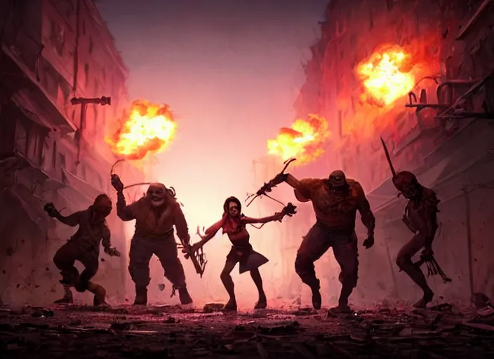 Prompt: a battle in the ruined streets at night between 3 d pixar disney zombies and 3 d heroic survivor in the style of pixar walkind dead, being lit by fireflames, medium shot, studio ghibli, pixar and disney animation, sharp, rendered in unreal engine 5, anime key art by greg rutkowski, bloom, dramatic lighting