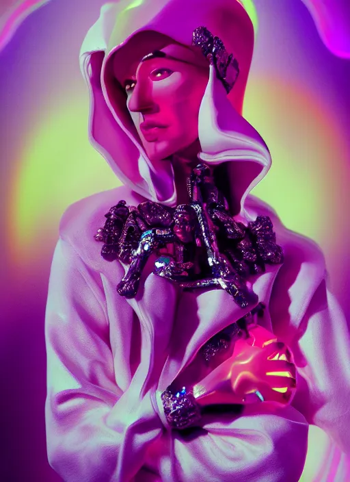 Prompt: photo of fullbodied baroque and bladerunner delicate neon diamond sculpture of seductive ceramic albino marble prince andres sanjuan dotado creamy orange iridescent humanoid deity wearing white fluffy hoody holding diamond skull in a black metallic dungeon, reclining, glowing rainbow face, crown of white diamonds, cinematic lighting, photorealistic, octane render 8 k depth of field 3 d