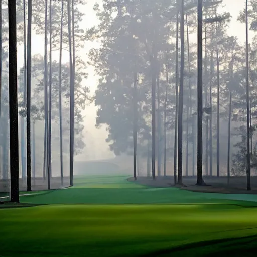 Prompt: augusta national the masters, but during winter completely covered in snow, beautiful ambient light, stunning photography, fog, light rays