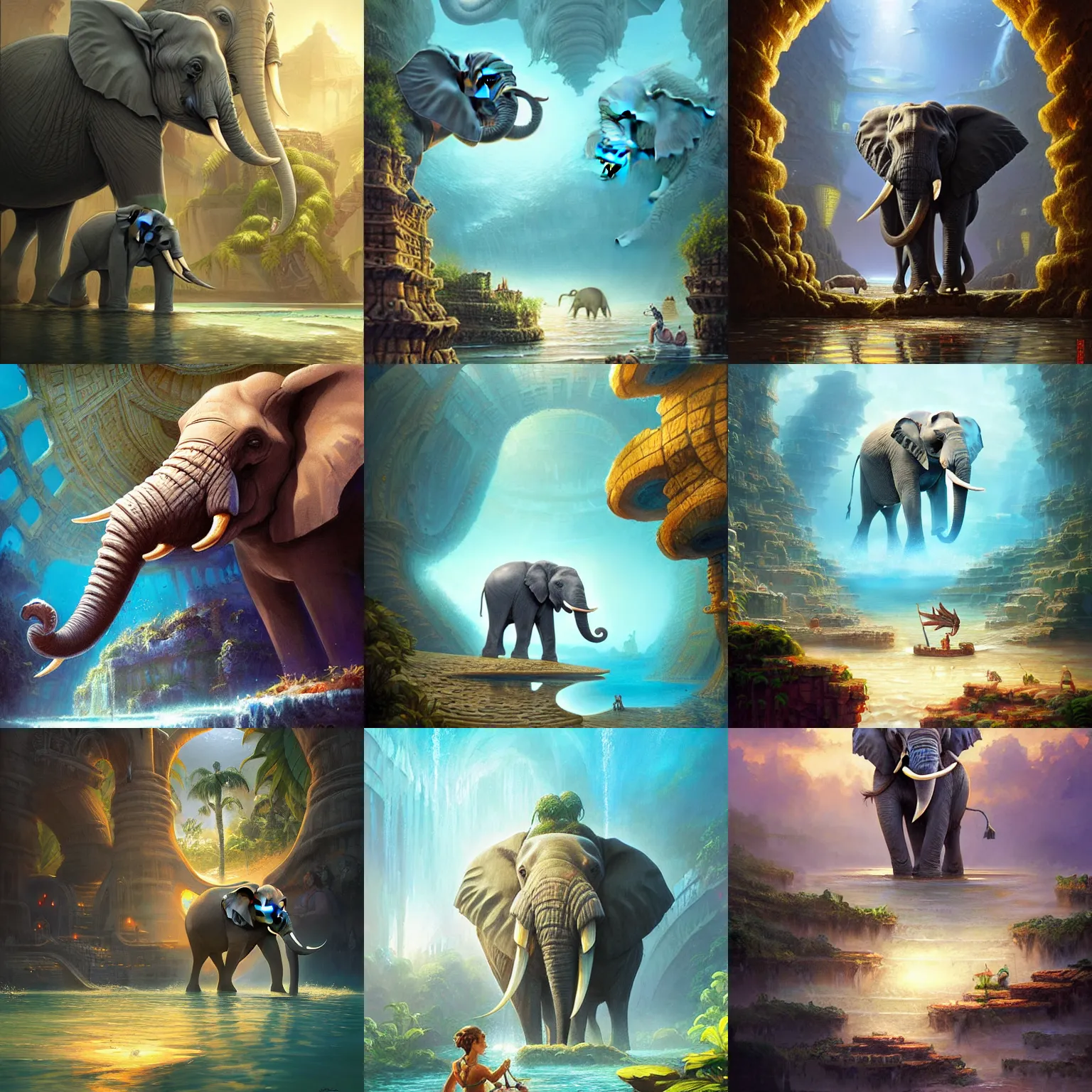 Prompt: a elephant discovering the lost city of atlantis, artstation, by nick silva and RHADS, intricate, elegant, highly detailed, digital painting, smooth, sharp focus