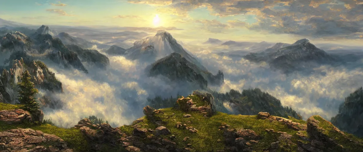 Image similar to a photorealistic breathtaking aerial view of the eastern alps mountain range at sunrise, cliffs, fog, hyperrealism, highly detailed, intricate, cinematic, front facing camera, cinematic, epic lighting, 8 k by frederic church, albert bierstadt