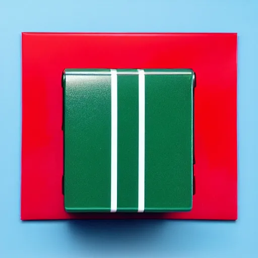 Prompt: red box on a blue box under a green box on a white background, studio