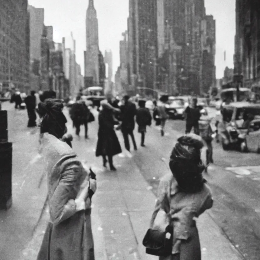 Image similar to street photography portrait of a woman in new york from the year 1 9 6 0, ultra - detailed hyper - realistic, photographed on damaged film