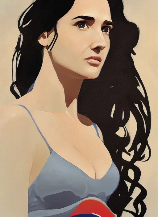 Image similar to detailed artwork by phil noto ; stylized painting of young jennifer connelly ; gal gadot ; eva green ; young jennifer connelly from the rocketeer ; brush texture ; asymmetric composition ; paint texture ; trending on artstation ; gallery painting by phil noto, comic style