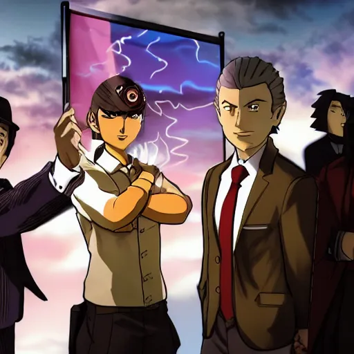 Image similar to Jetstream Sam, Omori, and Saul Goodman, standing next to Phoenix Wright, award-winning photograph, dramatic lighting