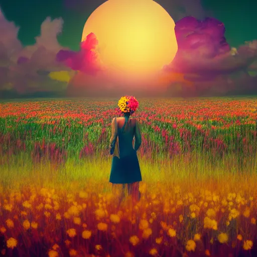 Image similar to woman with a flower head standing in flower field, surreal photography, photo manipulation, sunrise, impressionist painting, colorful clouds, artstation, simon stalenhag