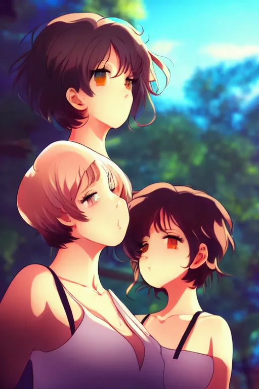 Prompt: two beautiful mothers with short hair outside on a hot summer evening, gorgeous faces, thick lines, cinematic lighting, detailed anime art