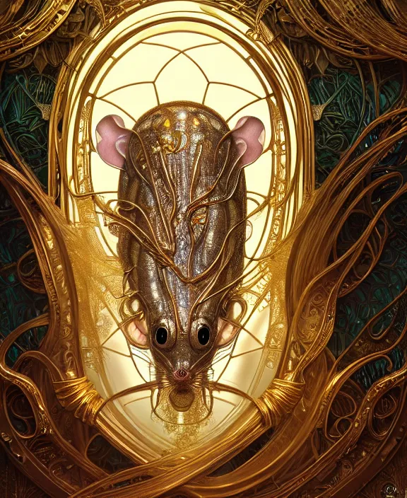 Prompt: intricate ornate opulent transparent clear see - through golden portrait of a beautiful male alien rat, mottled coloring, adorable, childlike, overgrown jungle environment, ultra realistic, concept art, art nouveau, photorealistic, octane render, 8 k, unreal engine. art by christopher marley and artgerm and greg rutkowski and alphonse mucha