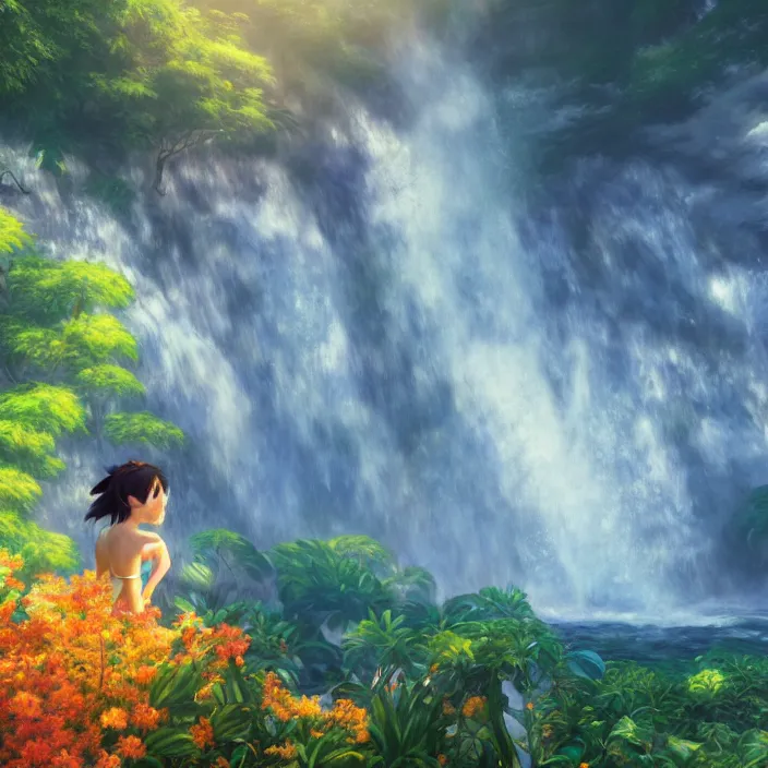 Prompt: an epic makoto shinkai and renoir landscape with a hawaiian waterfall, golden hour, 🌺, ultra smooth, octane render, lois van baarle, ilya kuvshinov, unreal engine, blender, trending on artstation, suntur, caleb worcester, highly detailed, photorealism, bloom effect