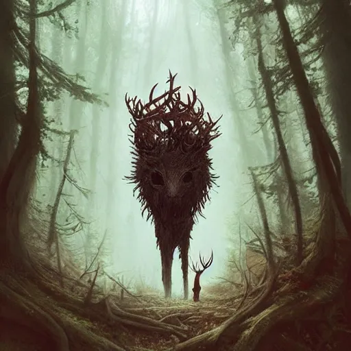 Image similar to highly detailed creepy forest creature with antlers, stephen bliss, unreal engine, fantasy art by greg rutkowski, loish, rhads, ferdinand knab, makoto shinkai and lois van baarle, ilya kuvshinov, rossdraws, tom bagshaw, global illumination, radiant light, detailed and intricate environment