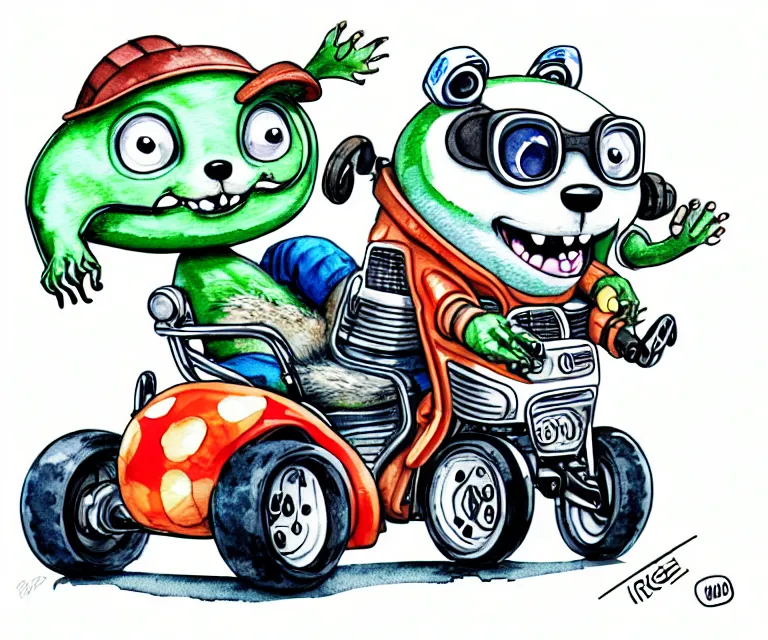 Prompt: cute and funny, racoon waving wearing a helmet riding in a tiny motorized wheelchair, ratfink style by ed roth, centered award winning watercolor pen illustration, isometric illustration by chihiro iwasaki, edited by range murata