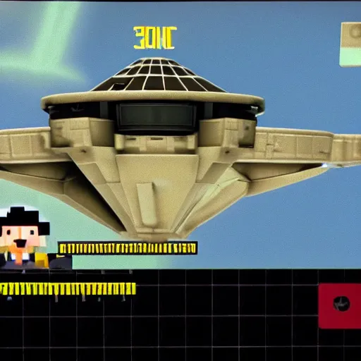 Image similar to screenshot from a Nintendo 64 game featuring the millennium falcon, low polygon, 90s video game aesthetic