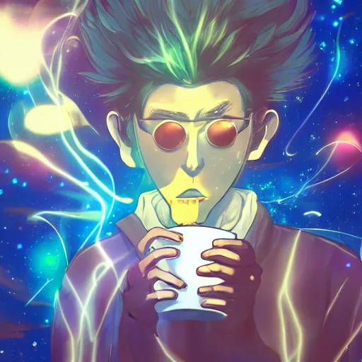 Image similar to A man drinking a cup of cosmic energy bright light by Masafumi Harada, 4k, digital art, surreal, anime style, space dandy style, highly detailed, godsend, artstation