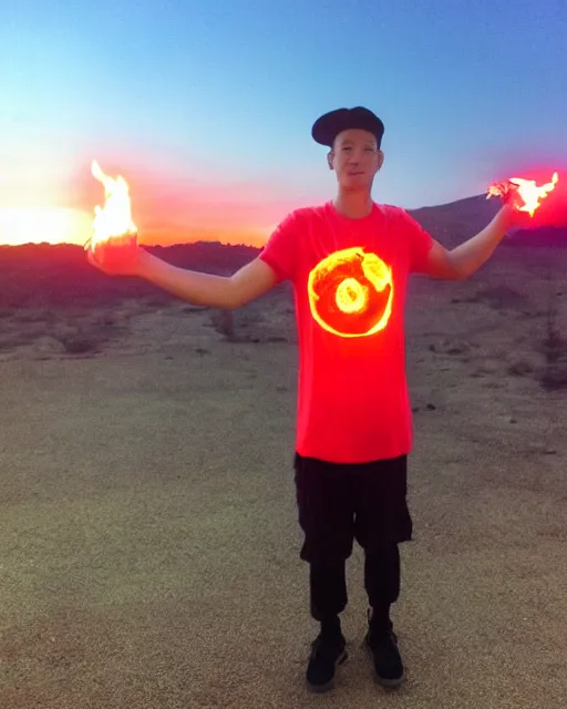Image similar to squidward wearing fire nation clothing and practicing firebending outside at susnset