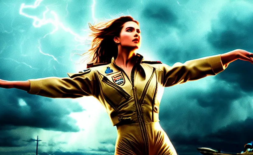 Image similar to a hyperdetailed photorealistic beautiful woman dancing in a thunderstorm, global illumination, volumetric lighting, cinematic framing, cinematic lighting, cinematic shadows, in the style of top gun maverick