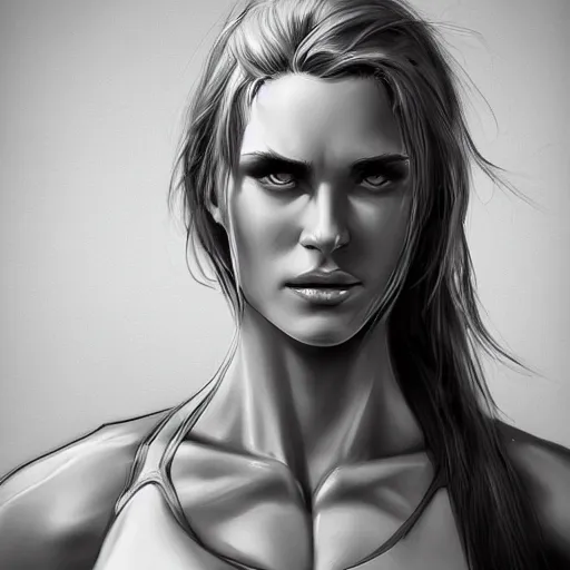 Image similar to overly muscular giant superhuman female gigachad, grayscale, face closeup, epic, digital, highly - detailed, artstation cgsociety