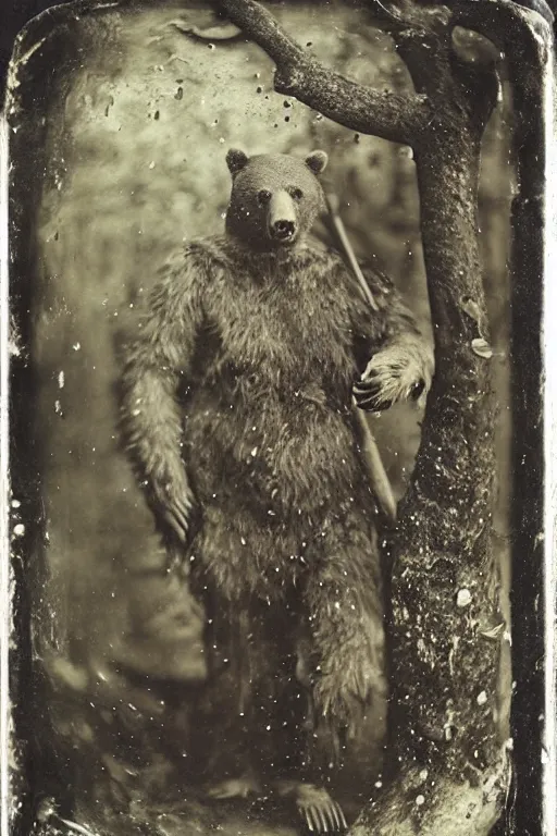 Image similar to a wet plate photo of an anthropomorphic bear dressed as a medieval woodsman