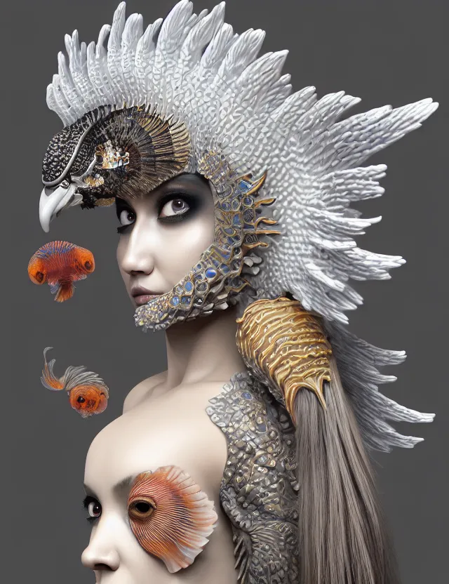 Prompt: 3 d goddess close - up 3 / 4 portrait with ram skull. beautiful intricately detailed japanese crow kitsune mask and clasical japanese kimono. betta fish, jellyfish phoenix, bio luminescent, plasma, ice, water, wind, creature, artwork by tooth wu and wlop and beeple and greg rutkowski