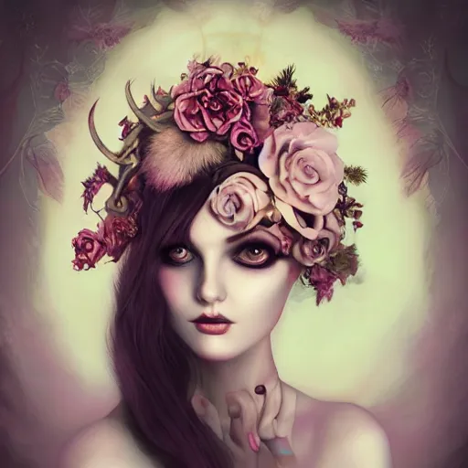 Image similar to of a woman, surreal Portrait inspired by Natalie Shau, Anna dittmann, plants growing on the head, horns,cinematic