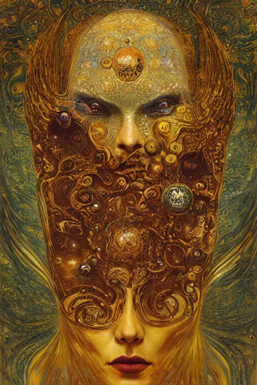 Image similar to Visions of Hell by Karol Bak, Jean Deville, Gustav Klimt, and Vincent Van Gogh, visionary, otherworldly, fractal structures, ornate gilded medieval icon, third eye, spirals