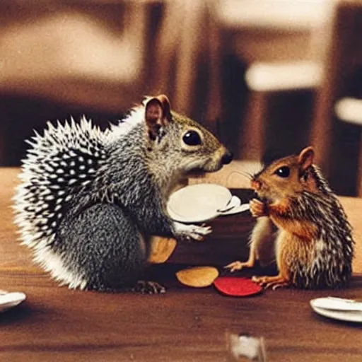Prompt: a squirrel and a hedgehog sit at a round table and they are shaking hands, a peace treaty sits in the middle of the table, historic photo, united nations