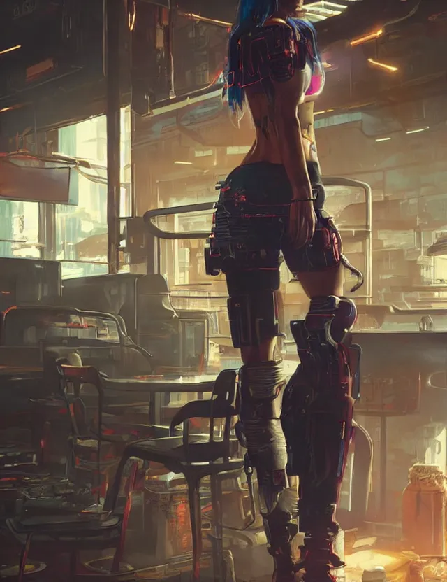 Prompt: a young female waitress as cyberpunk 2 0 7 7 concept art, art by ryo shiotani and greg rutkowski, intricate, beautiful, cute, cinematic lighting, vintage art by serge ivanoff, high resolution, very detailed