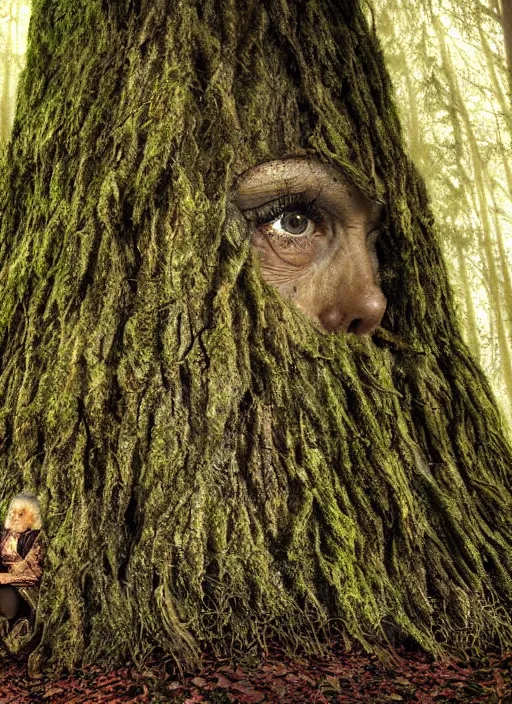 Image similar to a digital 3 d hyperrealistic hyperdetailed ancient tree with an old woman kind face covered with bark and moss, in a dark mysterious dark forest, dramatic mysterious lighting,