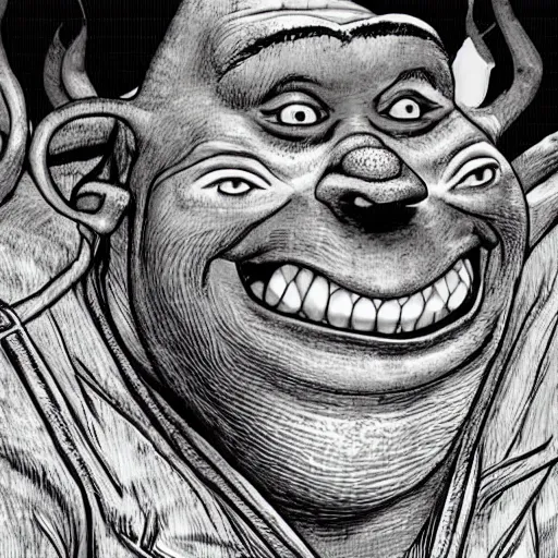 Image similar to Shrek in a manga, style of junji ito