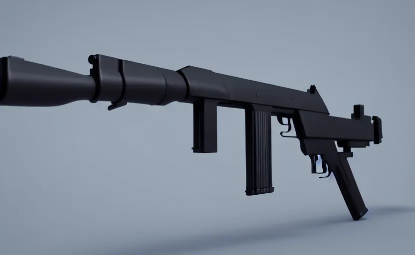 Image similar to modern submachine gun, design concept art, minimalist, studio lighting, 3d render, octane render