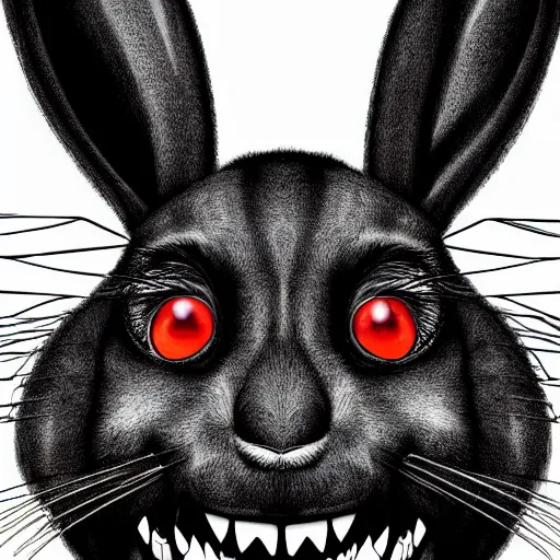 Prompt: A extremely highly detailed majestic hi-res beautiful, highly detailed head and shoulders portrait of a scary terrifying, horrifying, creepy black cartoon rabbit with scary big eyes, earing a shirt laughing, hey buddy ole pal, let's be friends, in the style of Walt Disney