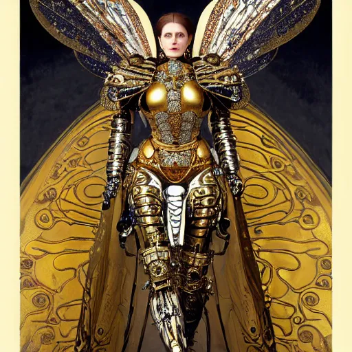 Image similar to wh 4 0 k haute couture scale armour paladin editorial by klimt, biomechanical hornet with metal couture wings by malczewski, ornate wh 4 0 k chaos lord in gold, bismuth and obsidian by giger, on cosmic background by alphonse mucha