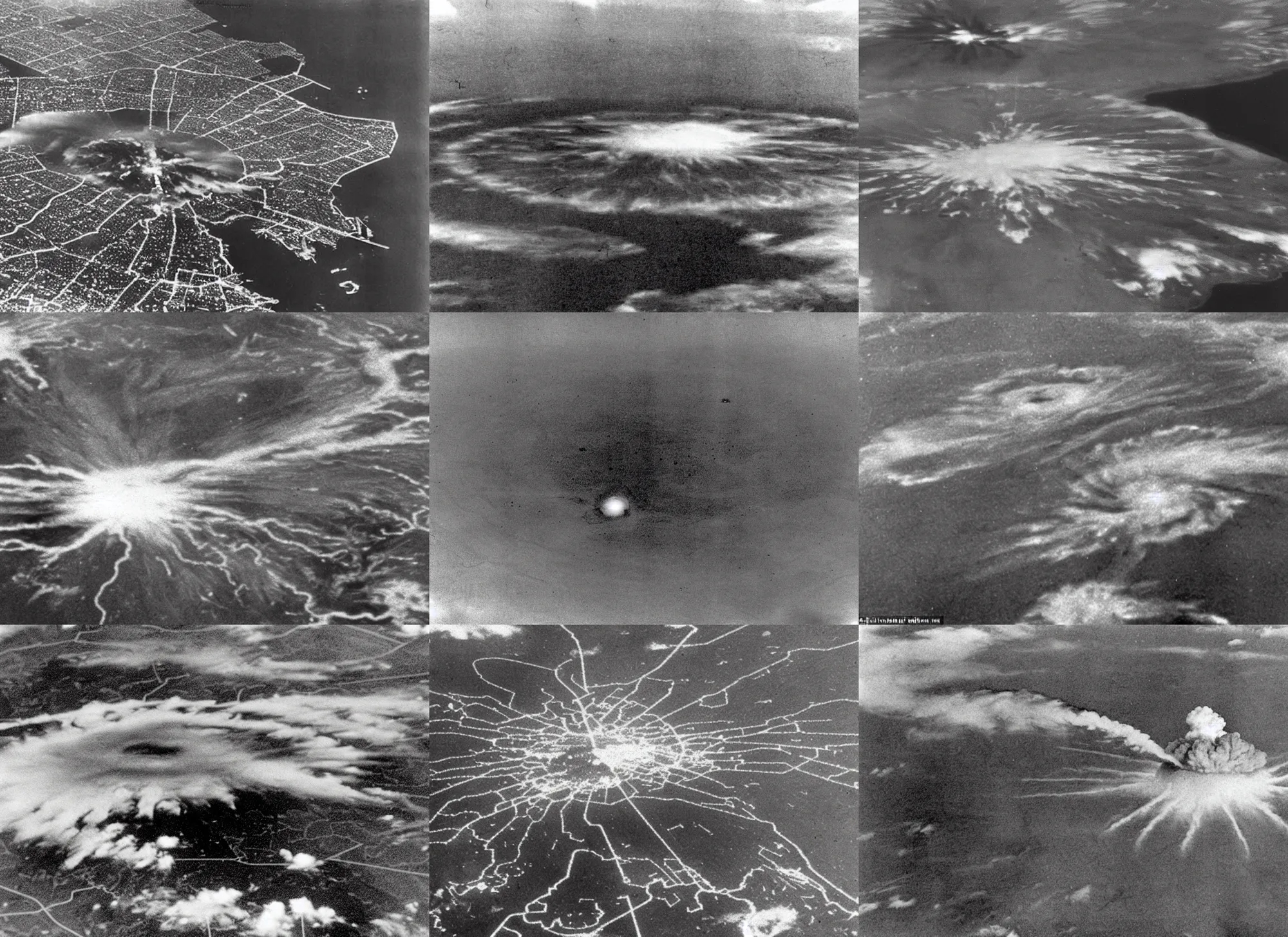 Prompt: satellite photograph of hiroshima just after the nuclear exploded, sharp focus, without anomalies.