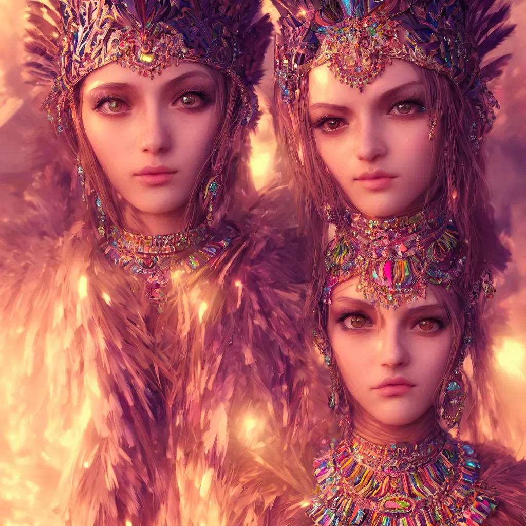 Image similar to portrait highly detailed beautiful symmetrical face high priestess intricate elegant detailed crystal jewellery with tribal feathers, lush colourful volumetric lighting, anime digital painting, concept art, smooth, sharp focus 3 d, divine realm of gods, realistic cinematic style, octane render, photographic, unreal engine 8 k