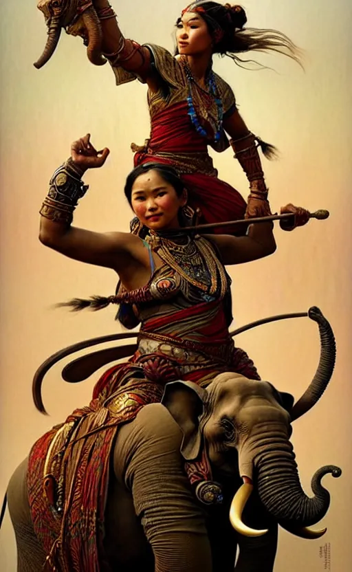 Image similar to magic tribal ethnic asian female, riding a war elephant, gorgeous lighting by weta studio, mucha, bautista and norman rockwell and greg rutkowski and tom bagshaw and james gurney and lucasfilm