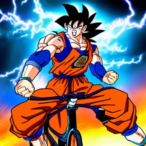 Image similar to Goku riding a bike made of lightning