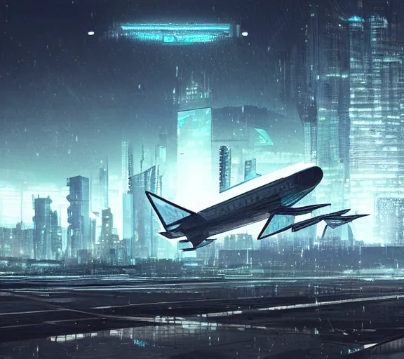 Prompt: futuristic sci fi plane lands at runway of cyberpunk city, night photo ,dark cinematic lighting , digital concept art