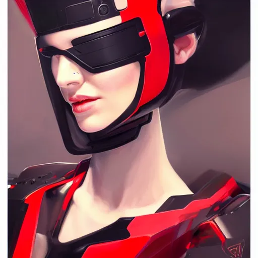 Image similar to Futuristic portrait painting of a cyborg girl with black and red robotic parts, medium shot, asymmetrical, profile picture, Organic Painting, sunny day, Matte Painting, bold shapes, hard edges, street art, trending on artstation, by Huang Guangjian and Gil Elvgren and Sachin Teng