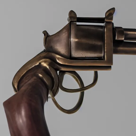 Prompt: a 4 k photorealistic photo medium shot of a bronze statue of a revolver gun.