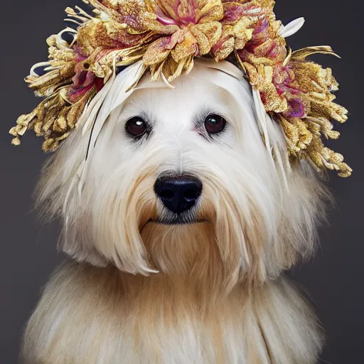 Image similar to cream - colored havanese dog wearing an ornate african necklace, a large headpiece made from flowers, soft light colored background, intriguing pose, magazine fashion photo by mark seliger