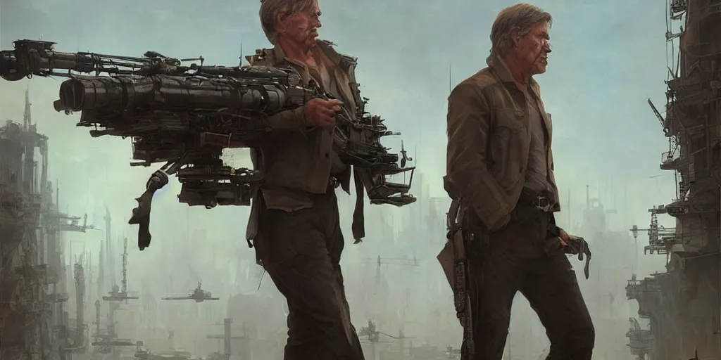 Image similar to a highly detailed epic cinematic concept art CG render digital painting artwork: Soviet dieselpunk Han Solo played by Harrison Ford directed by David Fincher. By Greg Rutkowski, Ilya Kuvshinov, WLOP, Stanley Artgerm Lau, Ruan Jia and Fenghua Zhong, trending on ArtStation, subtle muted cinematic colors, made in Maya, Blender and Photoshop, octane render, excellent composition, cinematic atmosphere, dynamic dramatic cinematic lighting, precise correct anatomy, aesthetic, very inspirational, arthouse