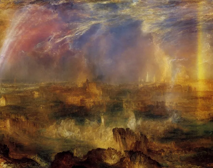 Image similar to Incredible pre-industrial city ultradetailed wonderful landscape by Turner, Tate gallery. Amazing colour scheme. Incredibly colourful. Rainbow. Stars falling. Incondescent sunshine