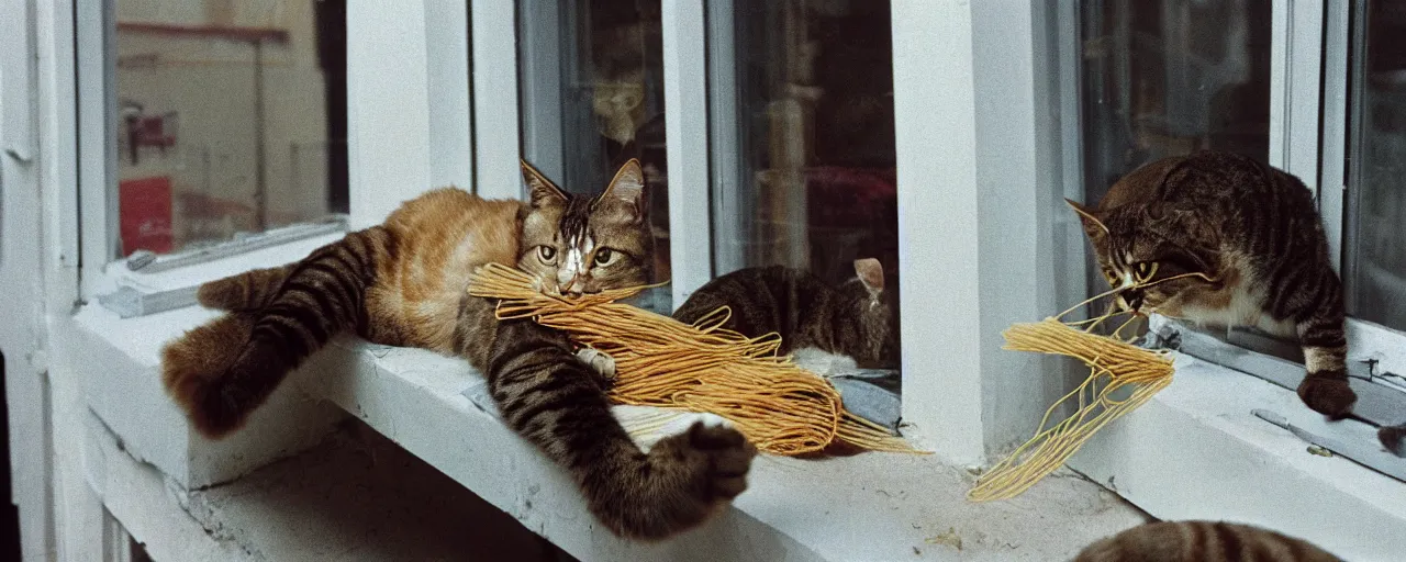 Image similar to a cat playing with spaghetti on a windowsill, city apartment, small details, intricate, sharply focused, canon 5 0 mm, wes anderson film, kodachrome