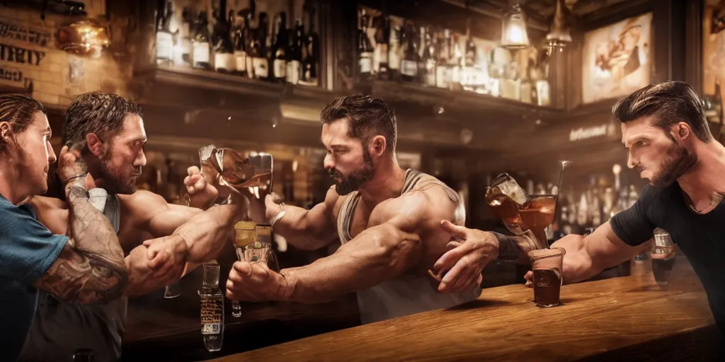 Image similar to a photo of a bar fight inside a pub between men and women, Leica, symmetrical faces, muscles, detailed faces, accurate faces, 4k, 3D render, hyperrealism, editorial, photorealistic, crisp details, sharp focus, wide angle lens, octane render, cinematic lighting