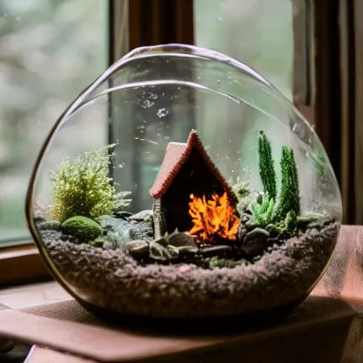 Prompt: a terrarium with cozy cabin on fire, night, inside on top of a minimalist table, lit from the side