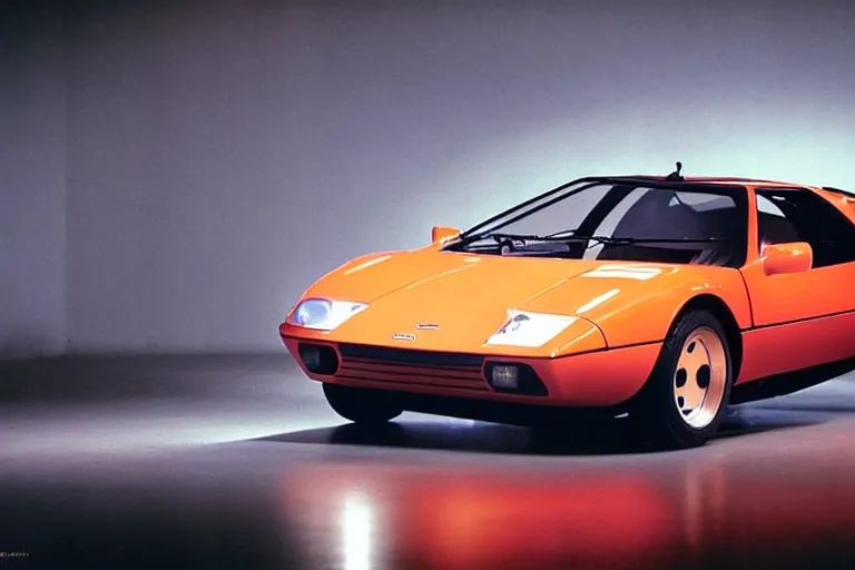 Image similar to designed by giorgetto giugiaro stylized poster of a single 1 9 8 9 miura citroen dm bmw m 1 ( ( mclaren f 1 ) ) delorean concept, thick neon lights, ektachrome photograph, volumetric lighting, f 8 aperture, cinematic eastman 5 3 8 4 film