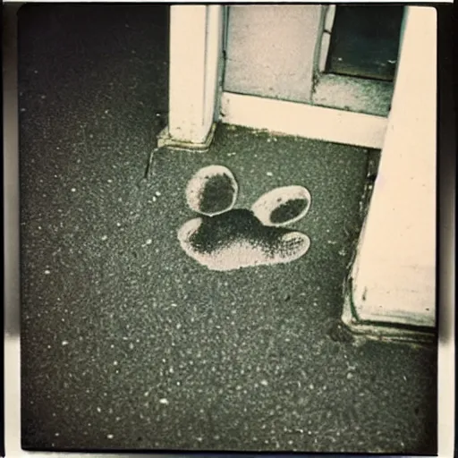 Image similar to wide-shot, low-angle eyesight first-person!! cat's paw prints on fresh cement at the street, polaroid photo, by Andy Warhol