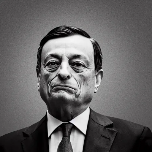 Prompt: mario draghi as a toilet cleaner, realistic black and whit photo